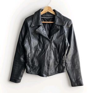 Women’s Black Leather Asymmetrical Moto Jacket Biker Full Zip Fitted Coat Medium